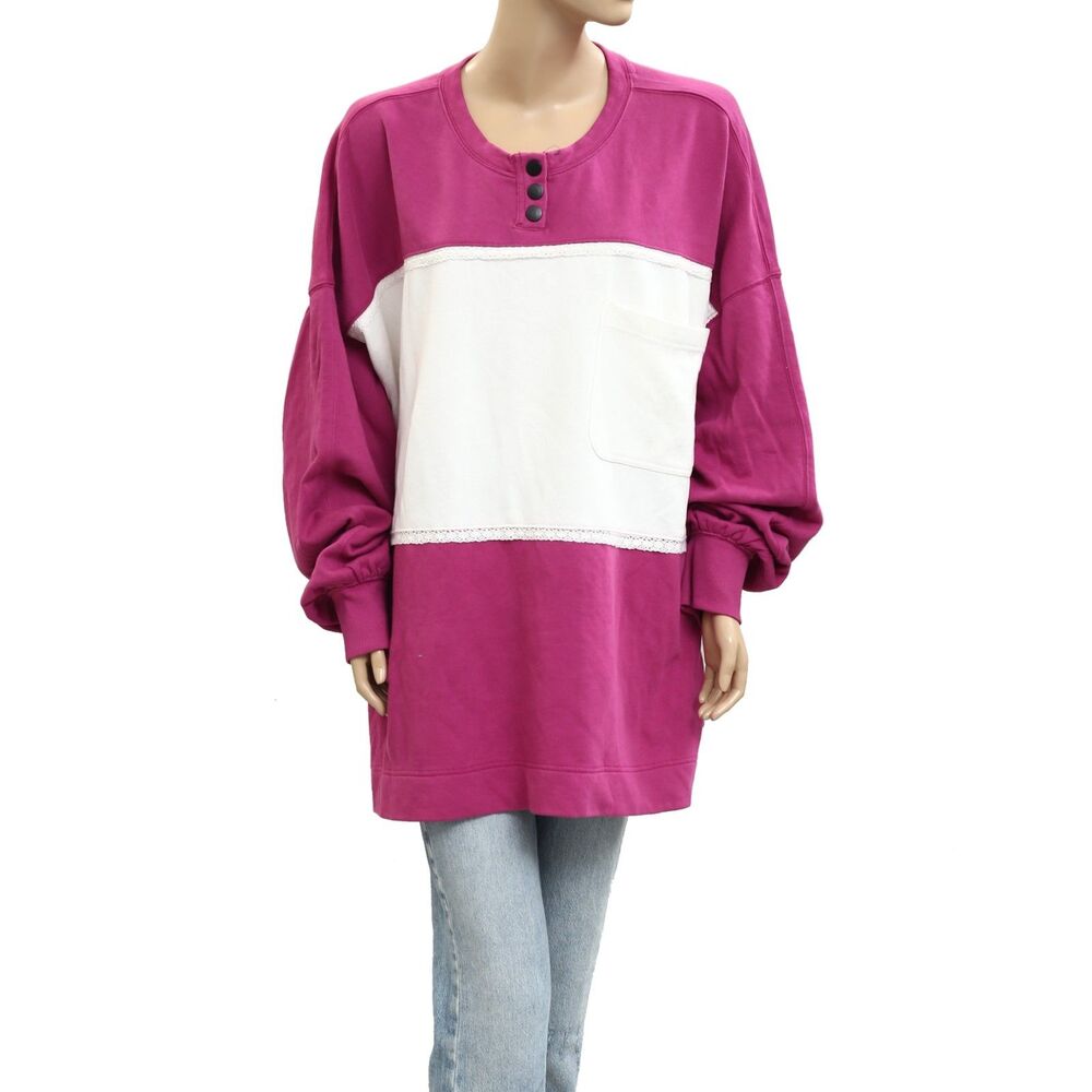 Free People Strawberry Sweatshirt Top Pullover Colorblocked Ribbed L NWD 284032